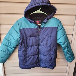Swiss Tech Navy and Teal Colorblock Kids Puffer Jacket with Hood